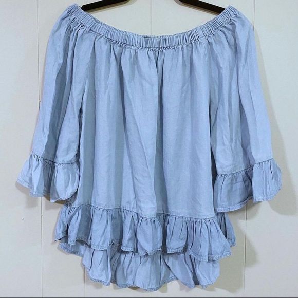 Jane & Delancey Chambray Off Shoulder Ruffle Top - Picture 2 of 5